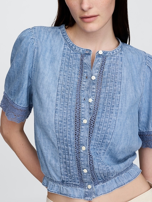 Image number 4 showing, Lace-Trim Cropped Denim Top