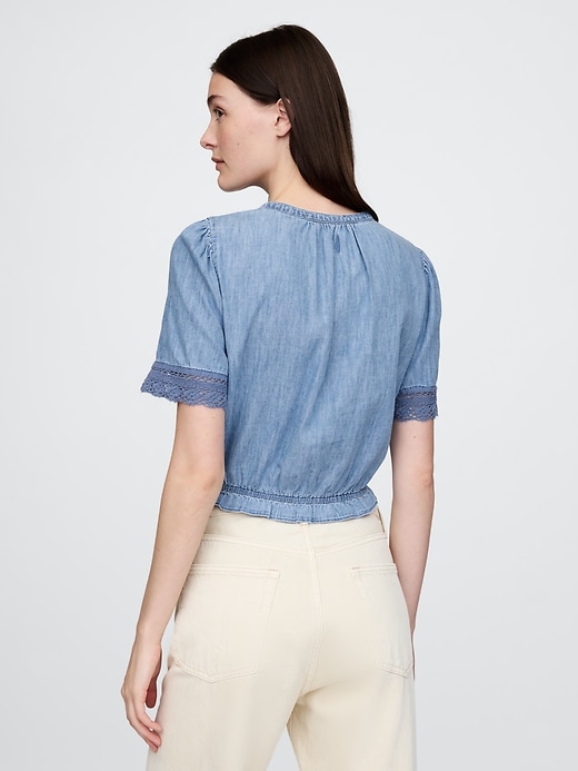 Image number 2 showing, Lace-Trim Cropped Denim Top