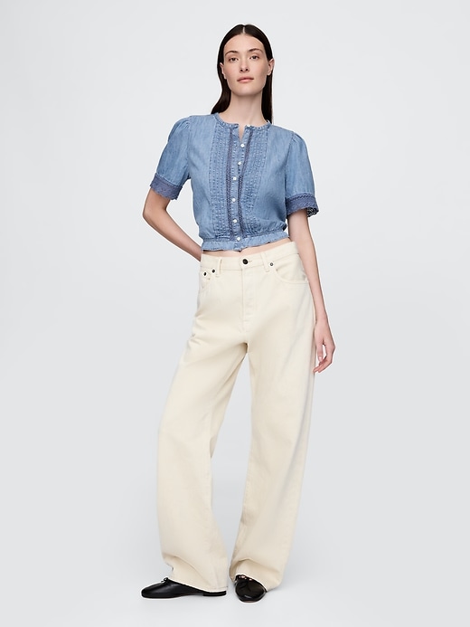 Image number 3 showing, Lace-Trim Cropped Denim Top