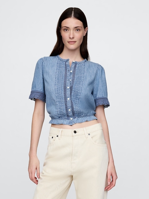 Image number 1 showing, Lace-Trim Cropped Denim Top