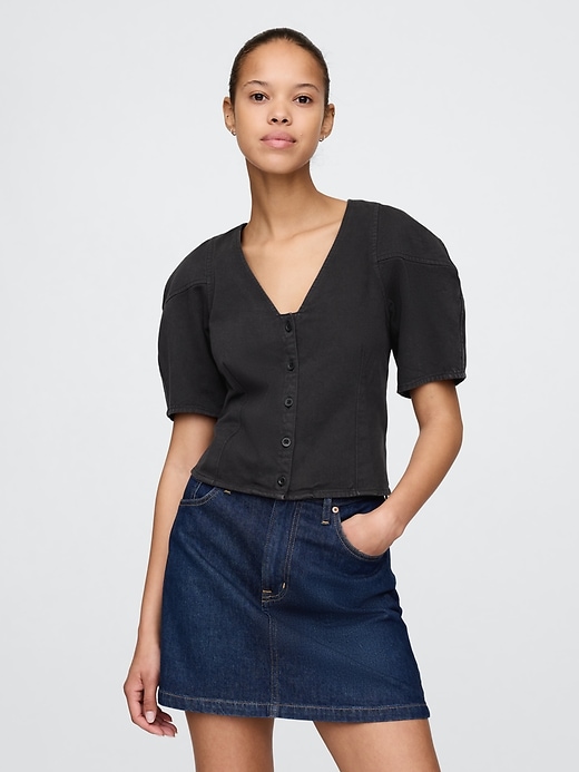 Image number 1 showing, Barrel-Sleeve Cropped Denim Shirt