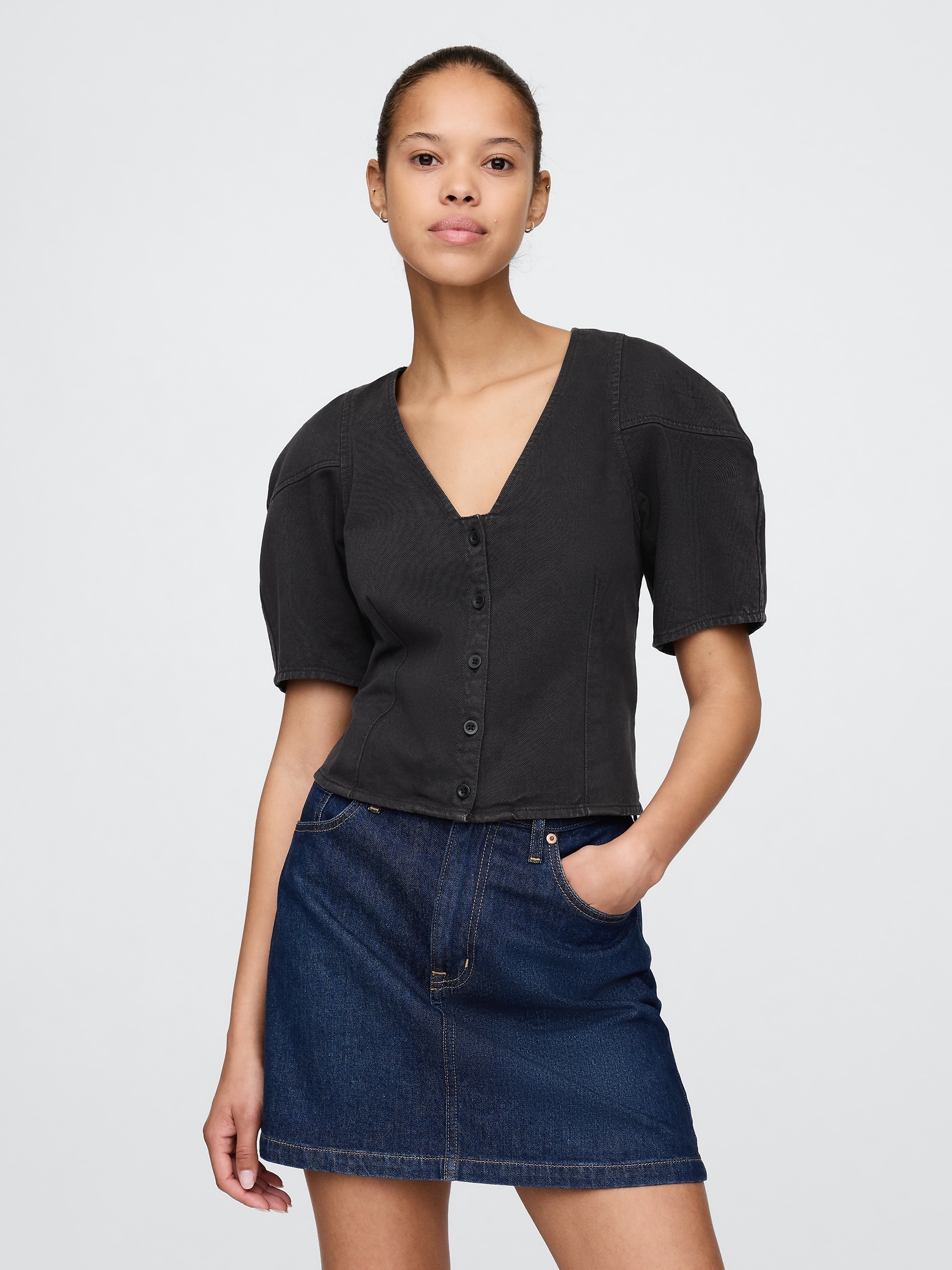 Barrel-Sleeve Cropped Denim Shirt