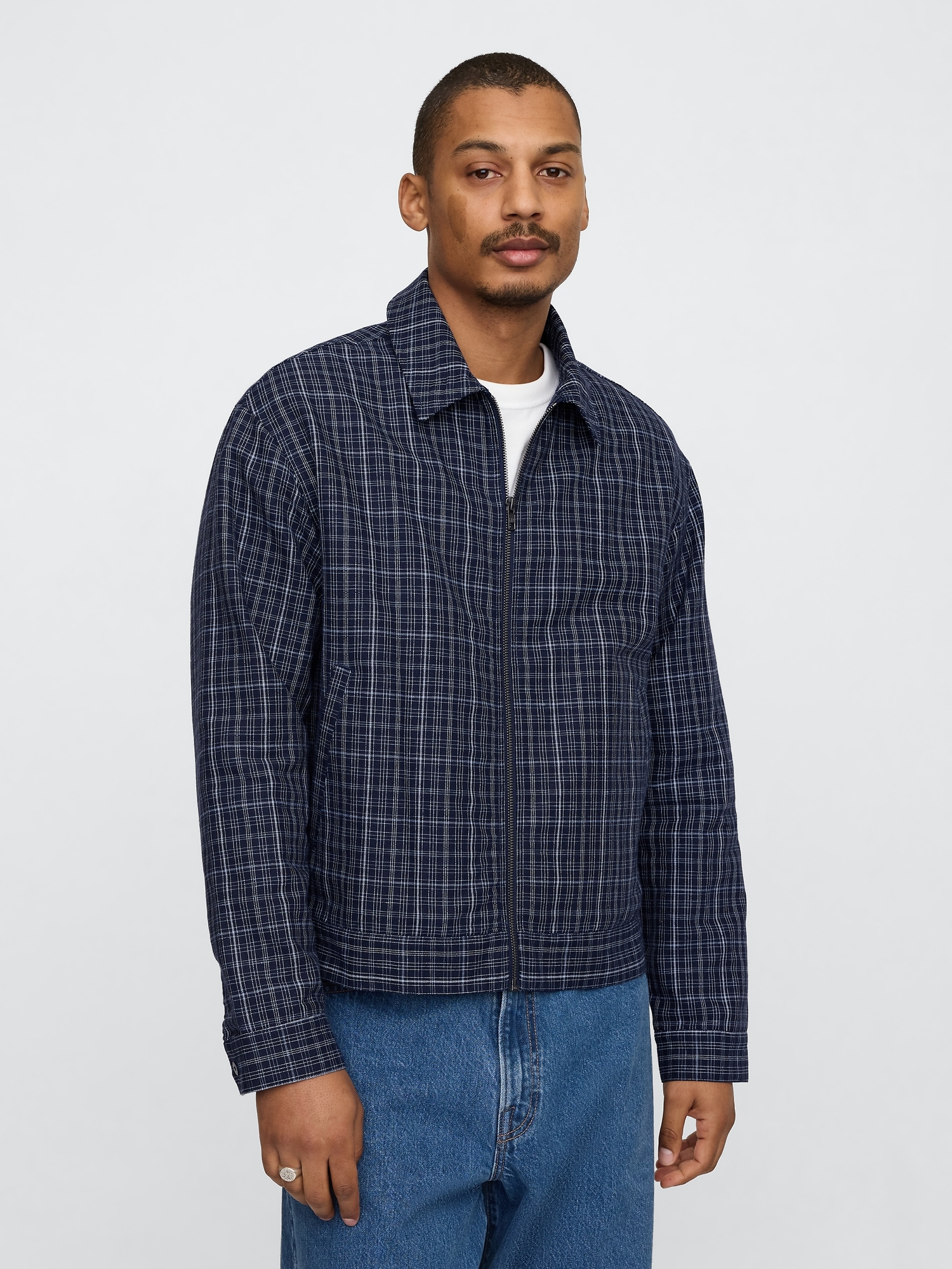 Linen-Cotton Plaid Relaxed Jacket