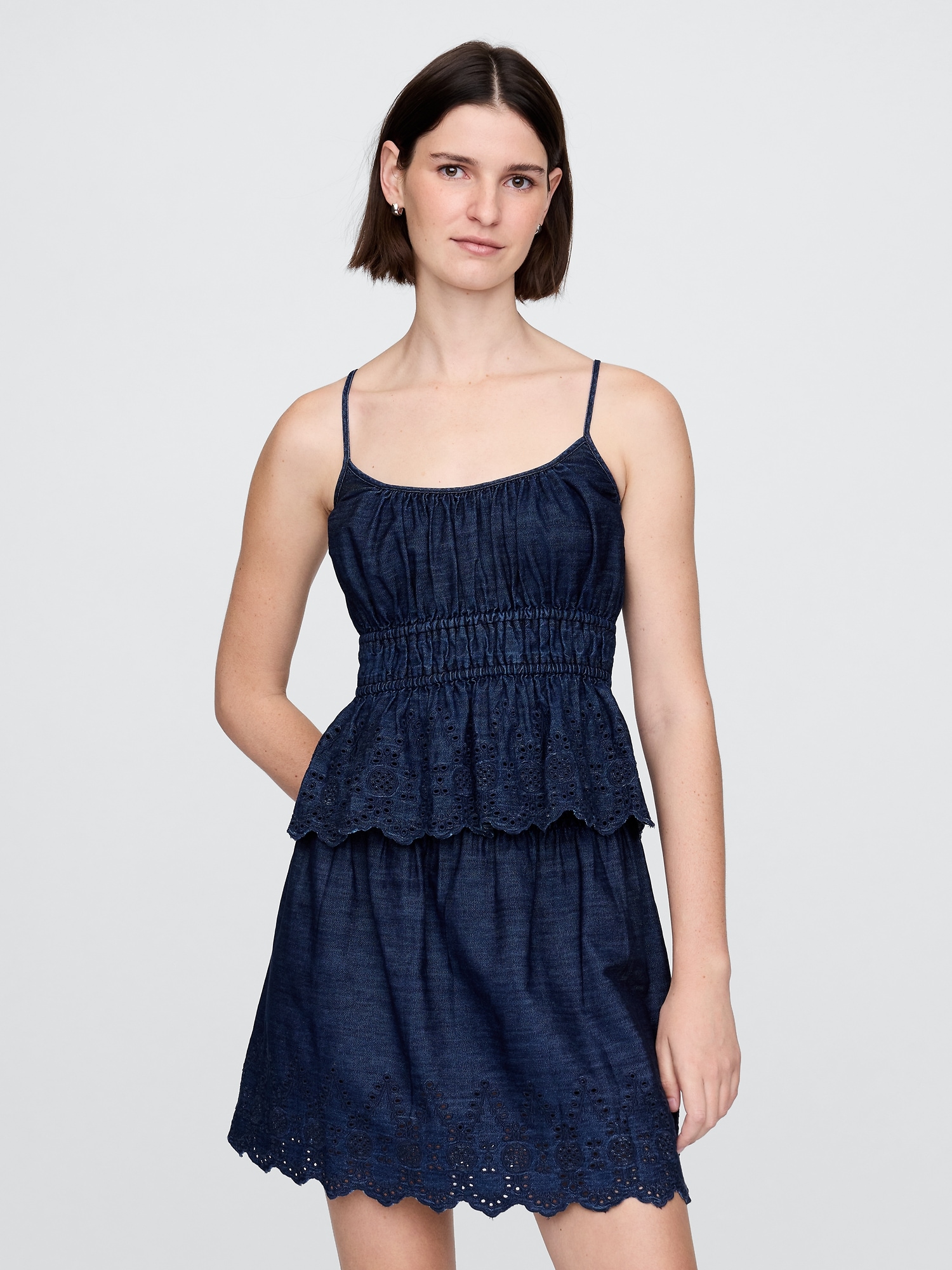 Smocked Eyelet Denim Cami