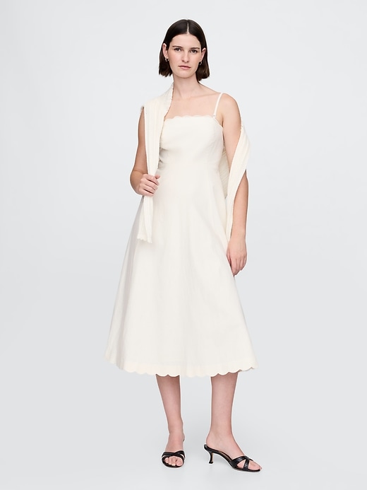 Image number 1 showing, Linen-Blend Scalloped Midi Dress