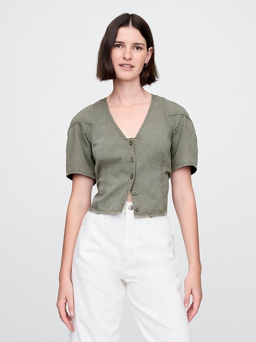 Image number 1 showing, Barrel-Sleeve Cropped Denim Shirt