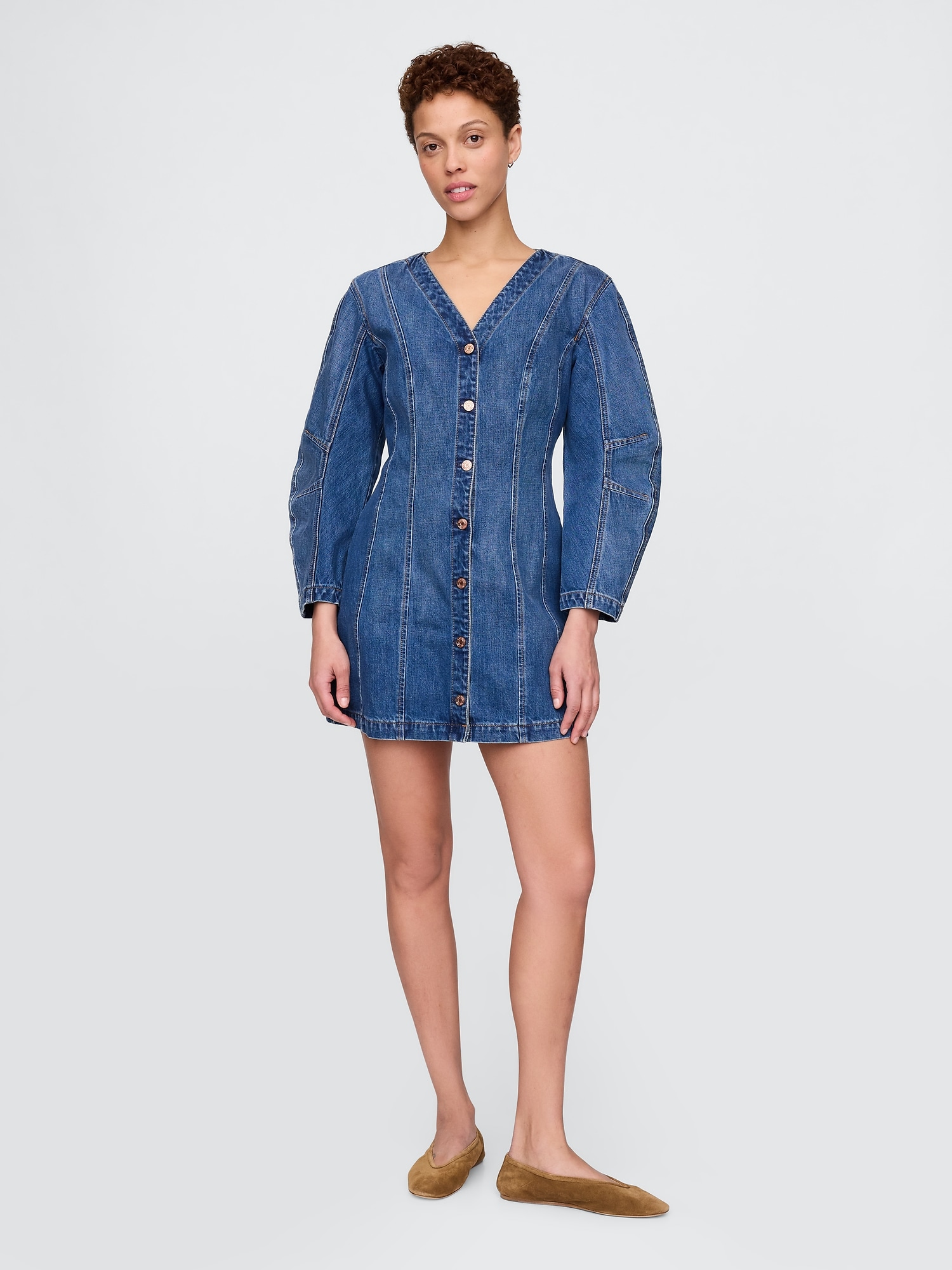 Barrel-Sleeve Denim Mini Dress