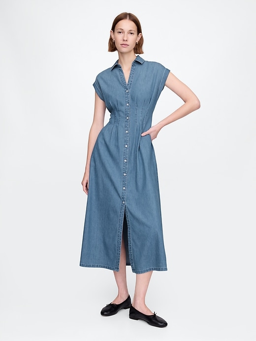 Image number 1 showing, Denim Pleated Maxi Shirtdress