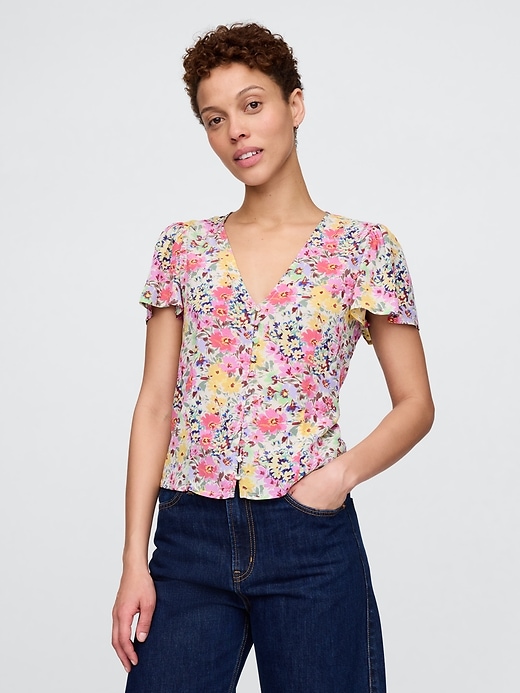 Image number 1 showing, Crepe Flutter-Sleeve Top