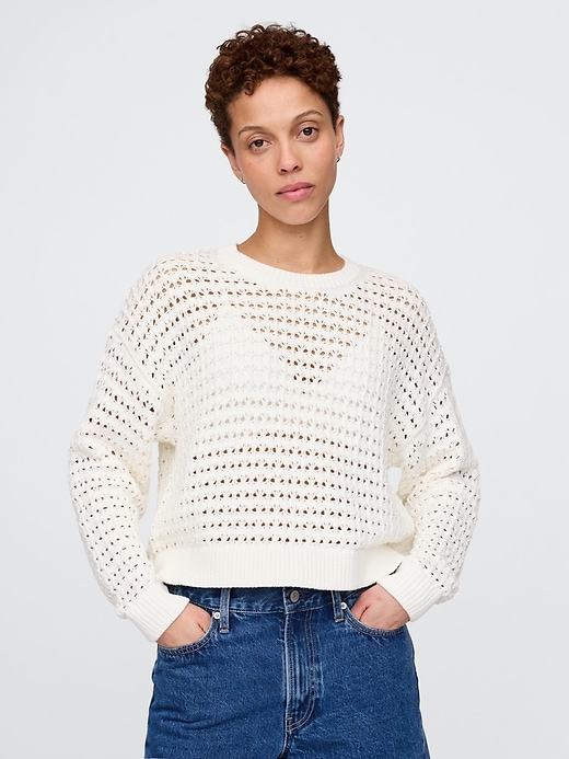 Image number 1 showing, 100% Cotton Crochet Crewneck Sweater