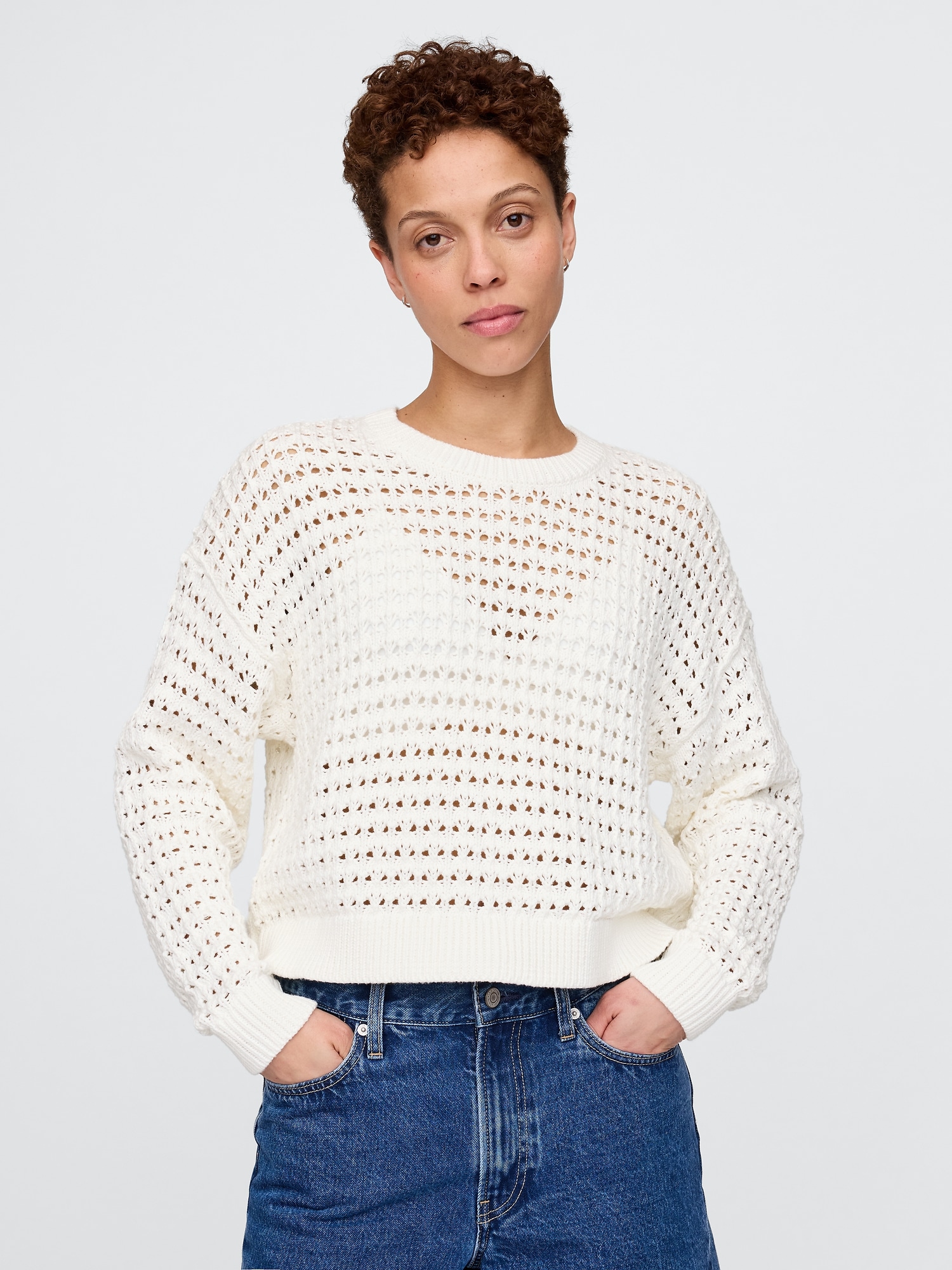 100% Cotton Crochet Crewneck Sweater