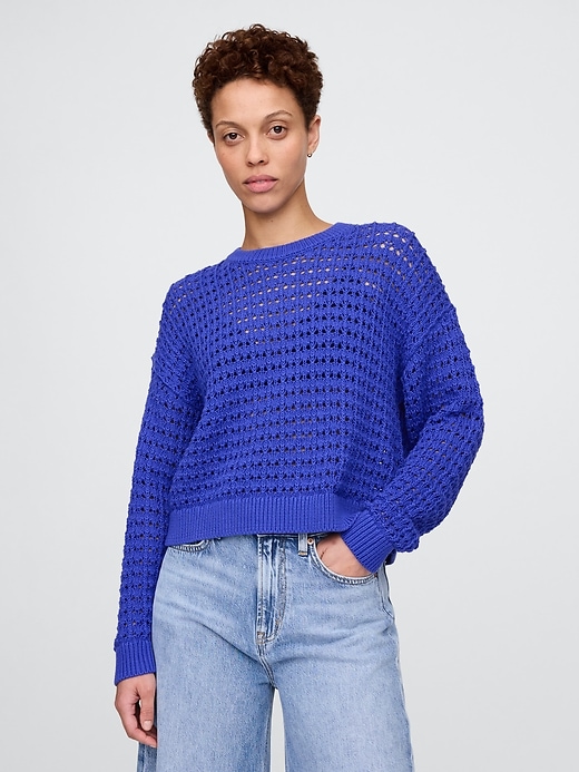 Image number 1 showing, 100% Cotton Crochet Crewneck Sweater