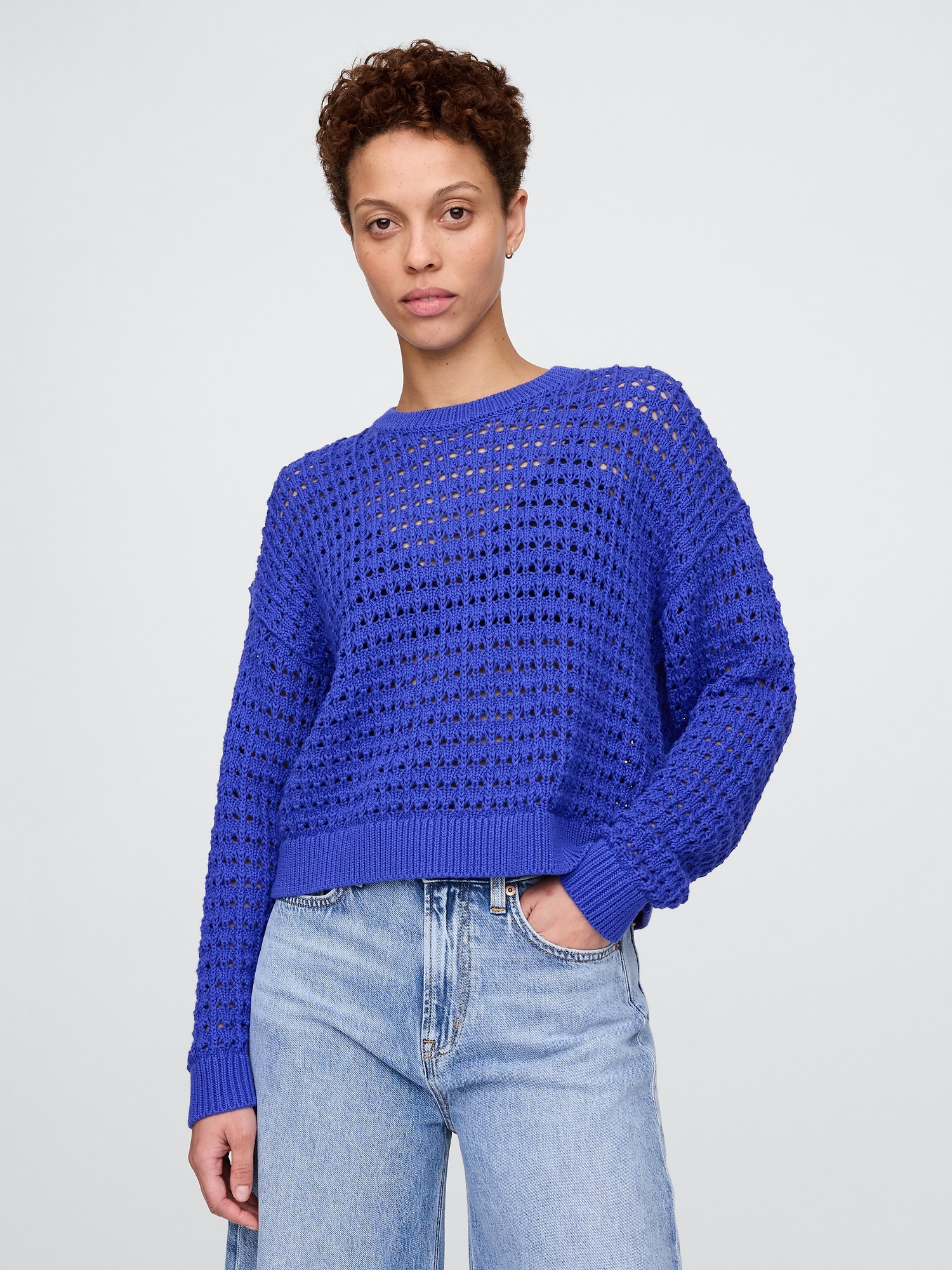 100% Cotton Crochet Crewneck Sweater - Blue