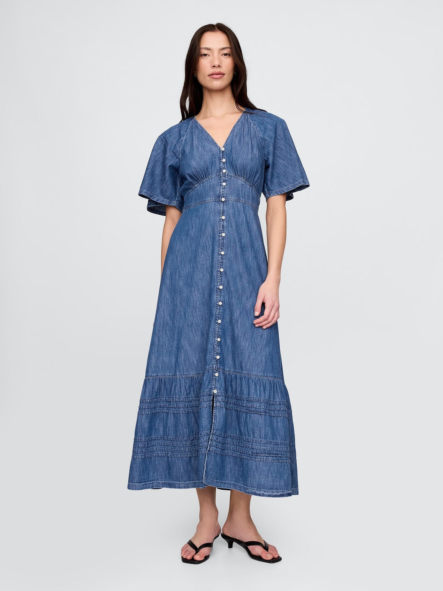 Flutter-Sleeve Tiered Maxi Dress - Blue