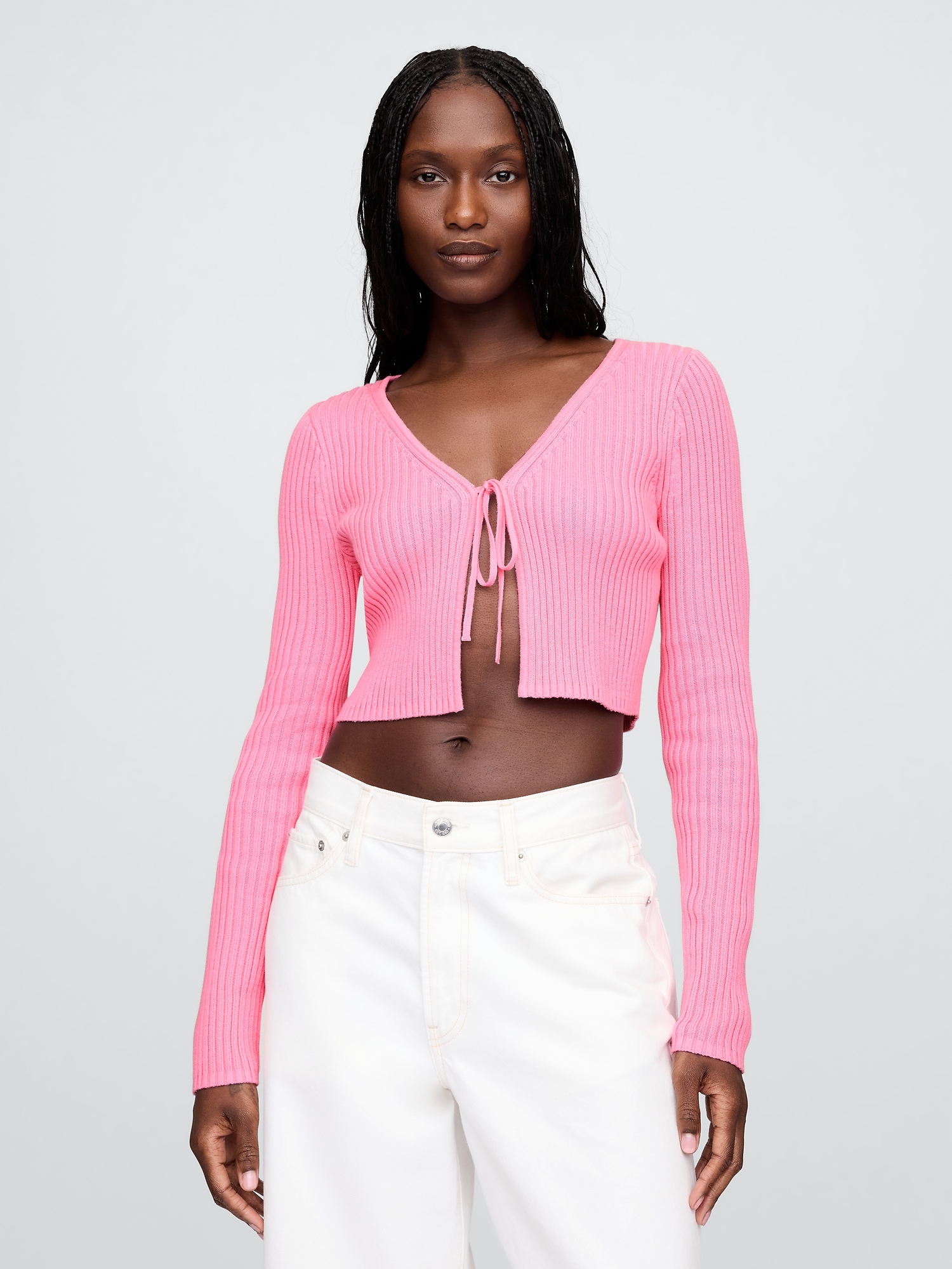 100% Cotton Cropped Tie-Front Cardigan