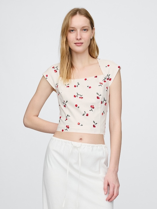 Image number 1 showing, Linen-Blend Cap-Sleeve Cropped Top