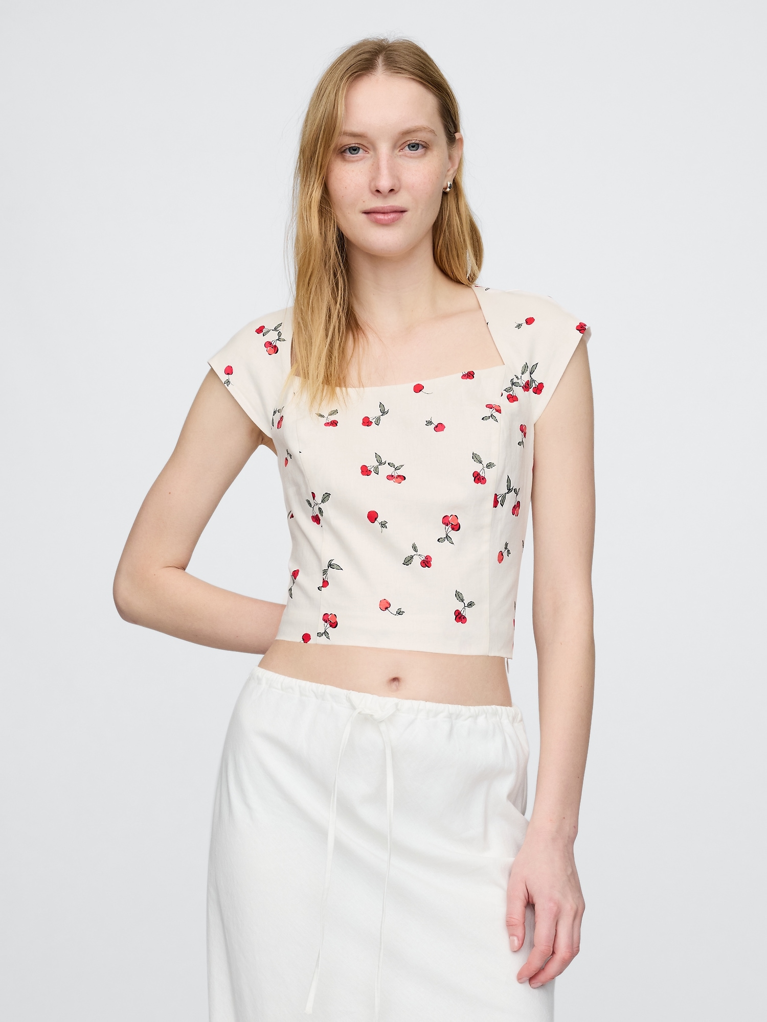 Linen-Blend Cap-Sleeve Cropped Top