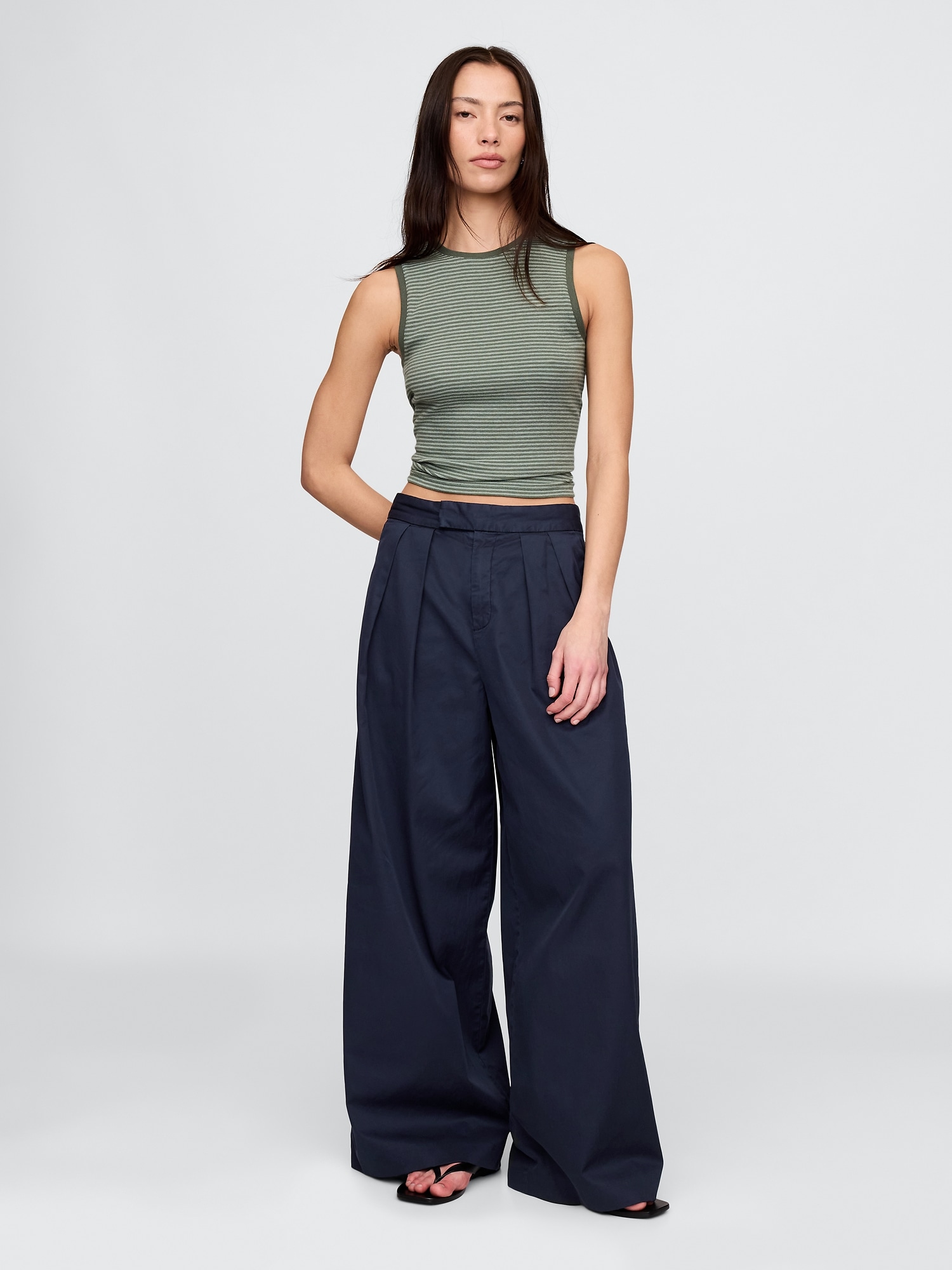 High Rise Twill Pleated Wide-Leg Khakis