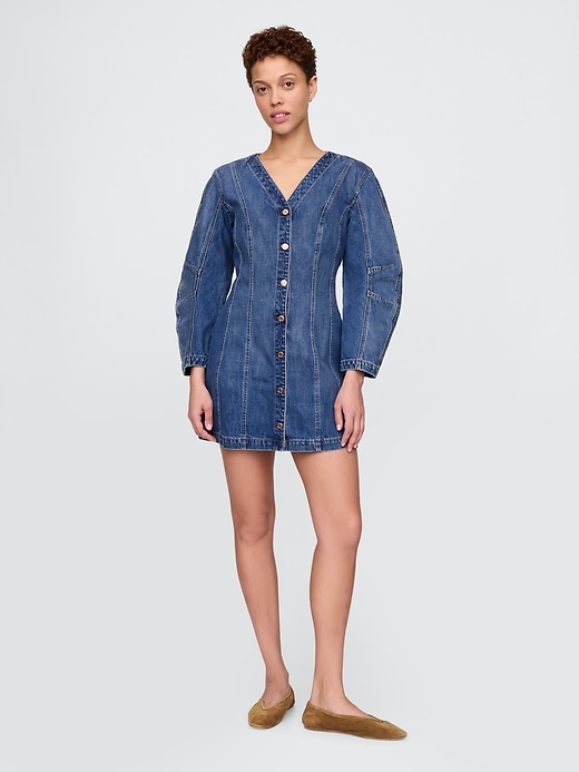 Image number 1 showing, Barrel-Sleeve Denim Mini Dress