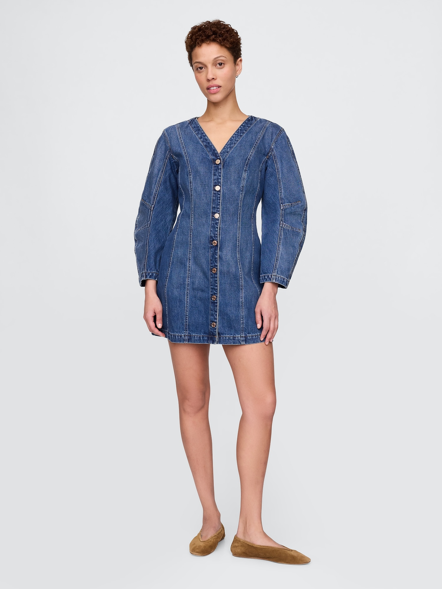 Barrel-Sleeve Denim Mini Dress