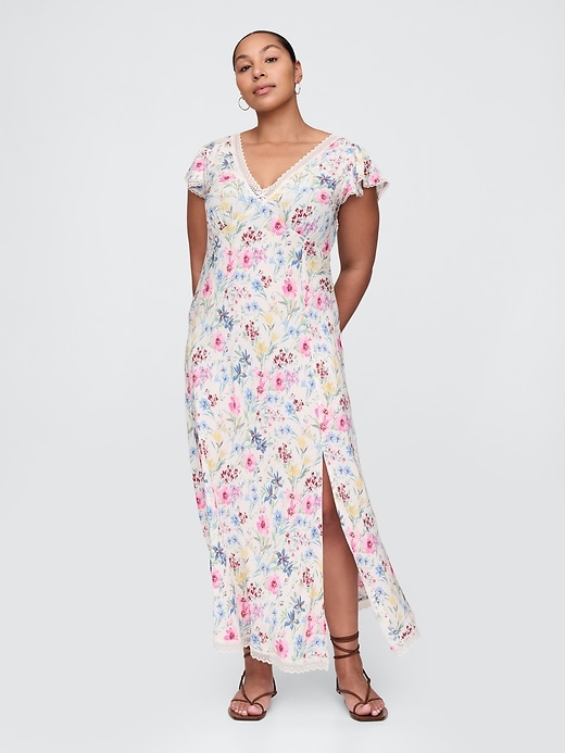 Image number 5 showing, Crepe Lace-Trim V-Neck Maxi Dress