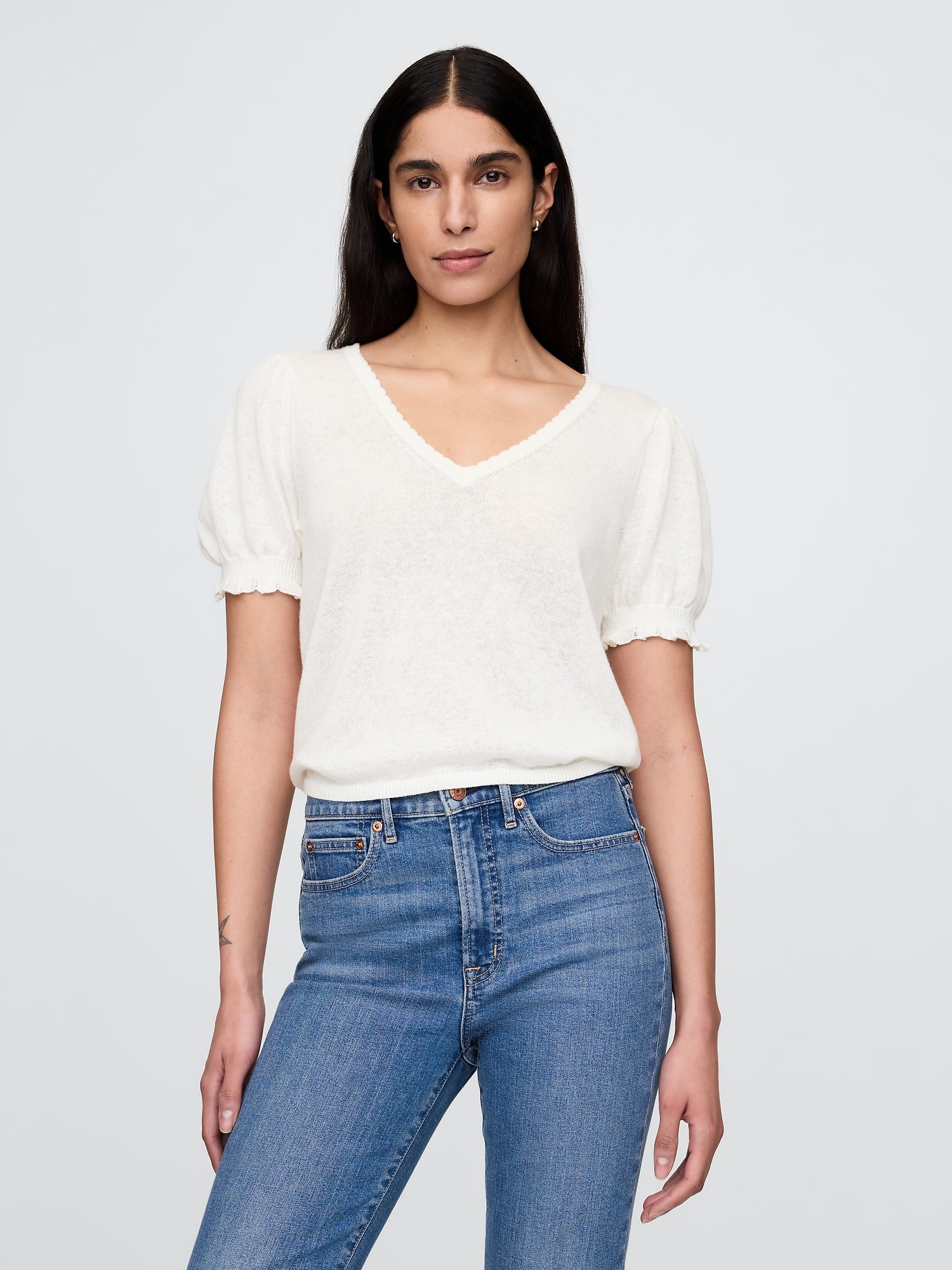 Linen-Blend Puff-Sleeve Top