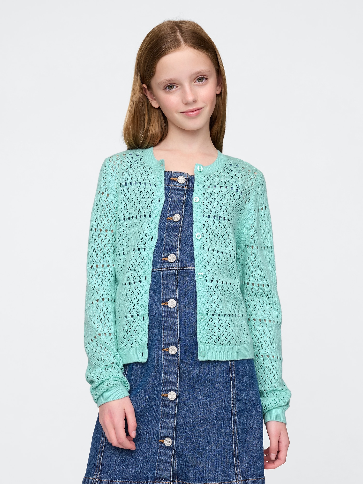 Girls Pointelle Cardigan - Green