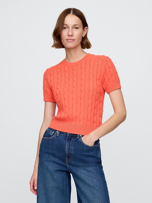 Image number 1 showing, 100% Cotton Cropped Cable-Knit Sweater