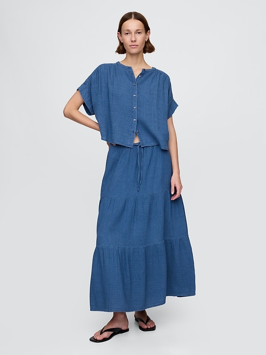 Image number 1 showing, Crinkle Gauze Denim Tiered Maxi Skirt