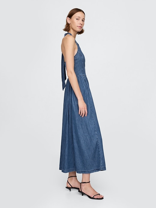 Image number 3 showing, Denim Tie-Back Halter Maxi Dress