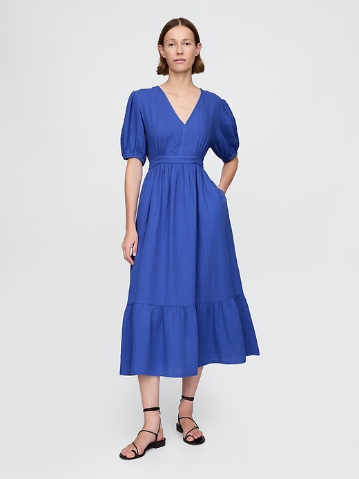 Image number 1 showing, Crinkle Gauze Open-Back Midi Dress