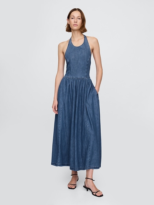 Image number 1 showing, Denim Tie-Back Halter Maxi Dress