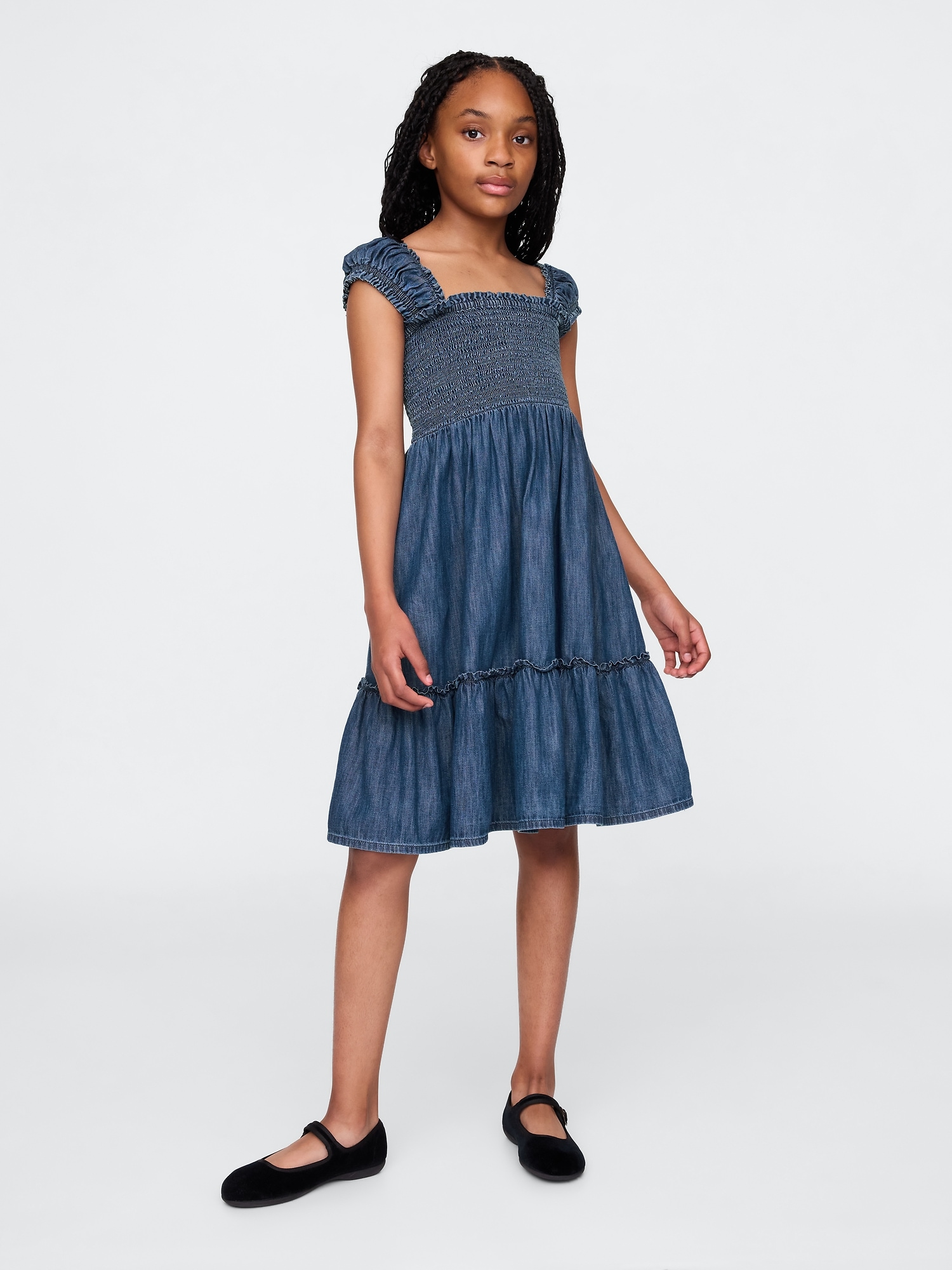 Kids Denim Puff-Sleeve Dress - Blue