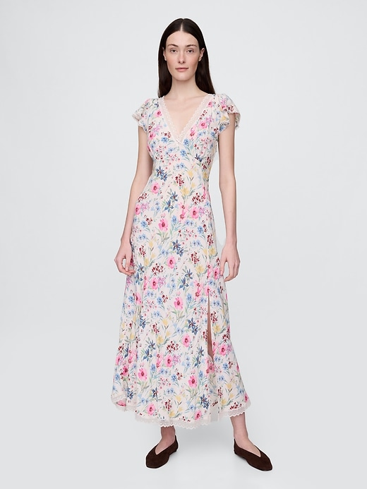 Image number 1 showing, Crepe Lace-Trim V-Neck Maxi Dress