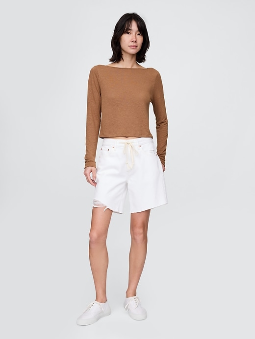 Image number 3 showing, Linen-Blend Cropped Boatneck T-Shirt