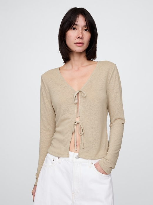 Image number 1 showing, Linen-Blend Tie-Front Cardigan