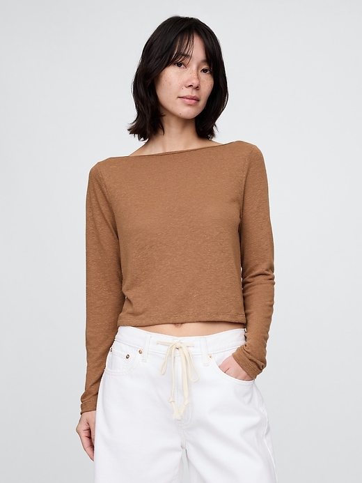 Image number 1 showing, Linen-Blend Cropped Boatneck T-Shirt