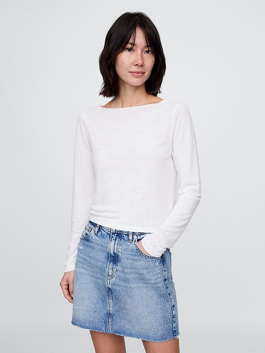 Image number 1 showing, Linen-Blend Cropped Boatneck T-Shirt