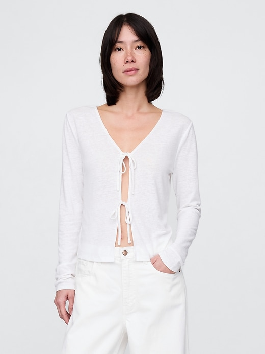 Image number 1 showing, Linen-Blend Tie-Front Cardigan