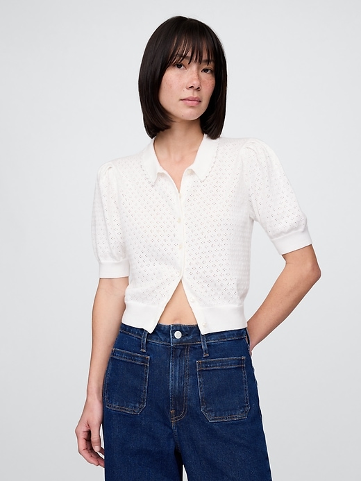 Image number 1 showing, 100% Cotton Cropped Pointelle Cardigan