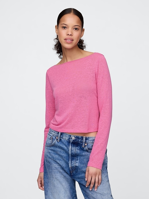 Image number 1 showing, Linen-Blend Cropped Boatneck T-Shirt