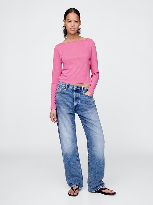 Image number 3 showing, Linen-Blend Cropped Boatneck T-Shirt