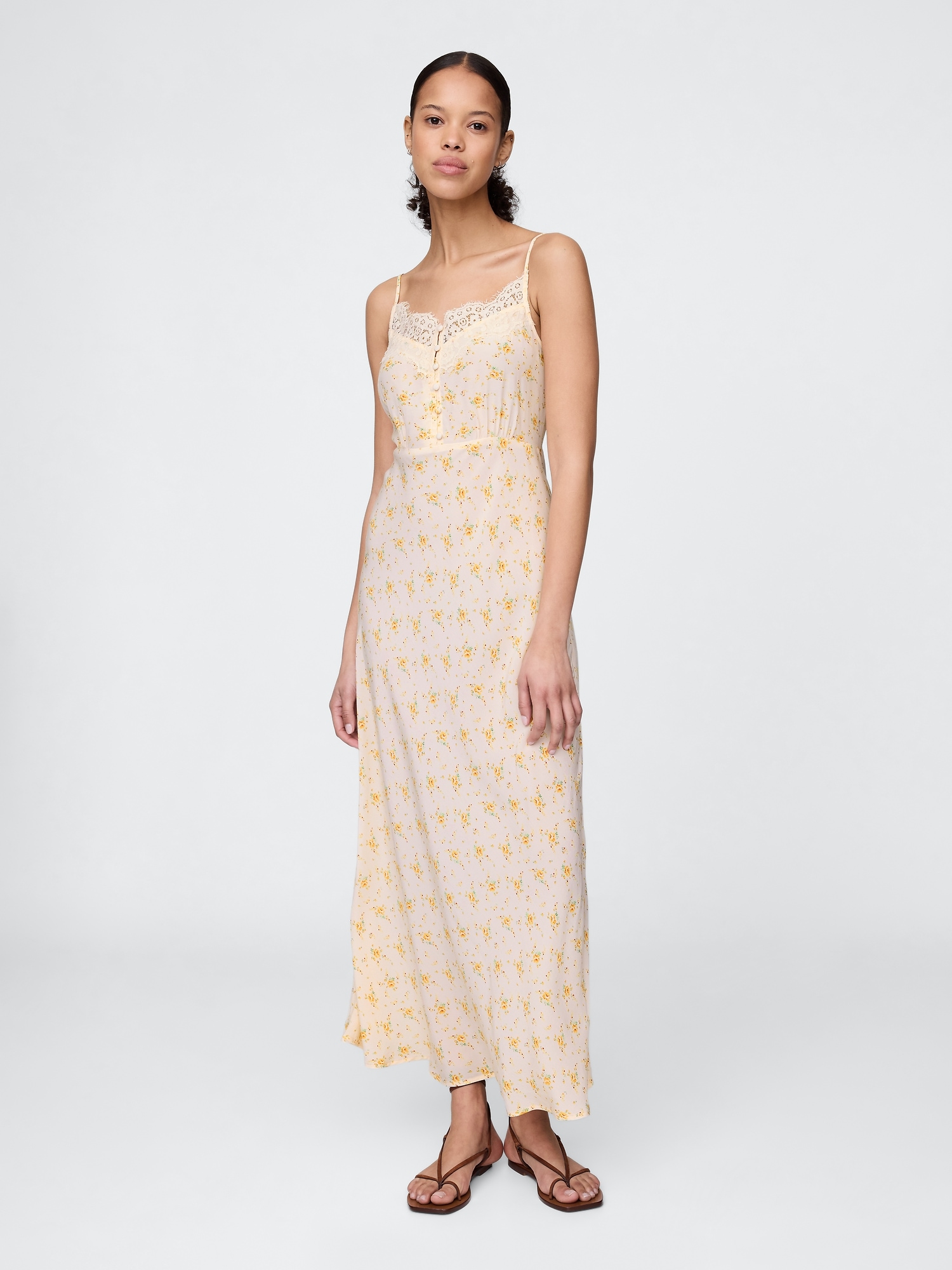 Crepe Lace-Trim Sweetheart Maxi Dress