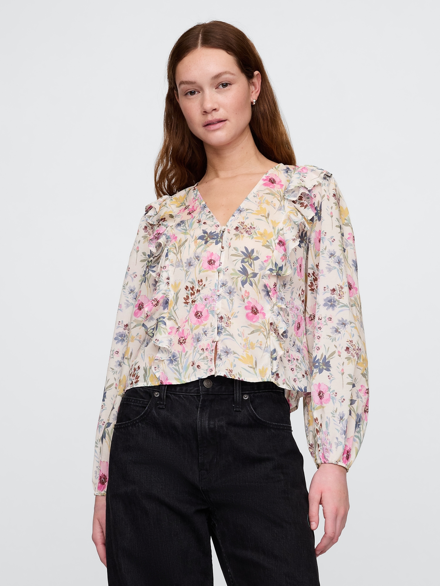 Ruffle-Trim Floral Top